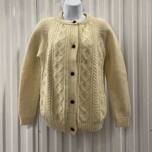 Vintage Women Hand Knit Fisherman Cable Knit Beige Cardigan Sweater Size M Cream